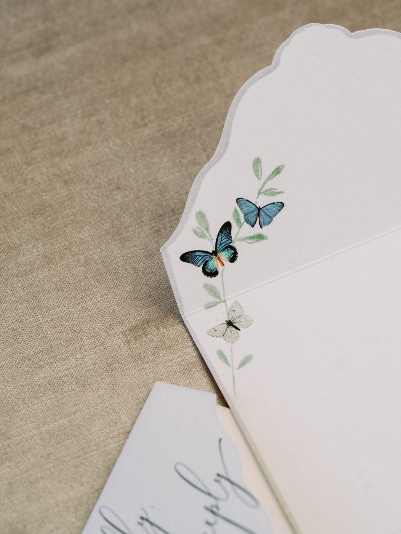 A Wedding Day Love Note Box Stationery Set adorned with watercolor butterfly motif from The Bella Rosa Collection.