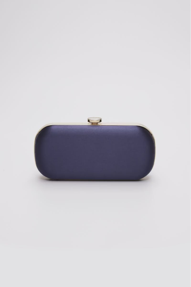 360 view of Bella Clutch in dark navy blue with silver hardware accents and stimulated mother of pearl clasp.
