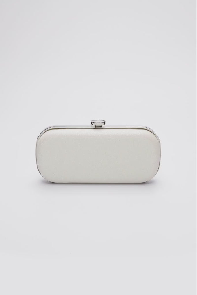 360 View of Bella Clutch in a shimmer white glitter body with a silver frame.