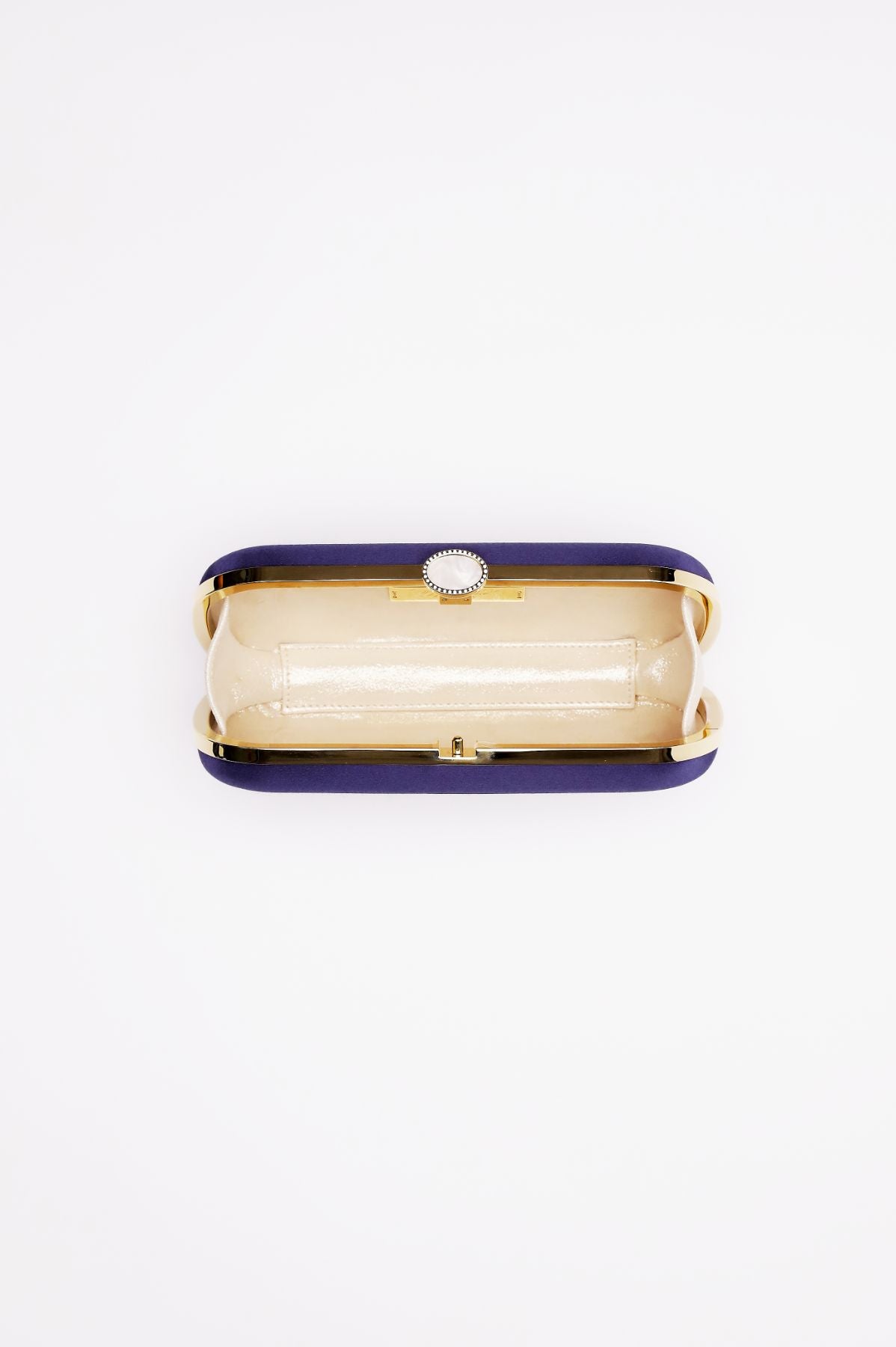 An open, empty Bella Clutch Navy Blue Petite with a cream interior and navy exterior displayed on a white background. (Brand Name: The Bella Rosa Collection)