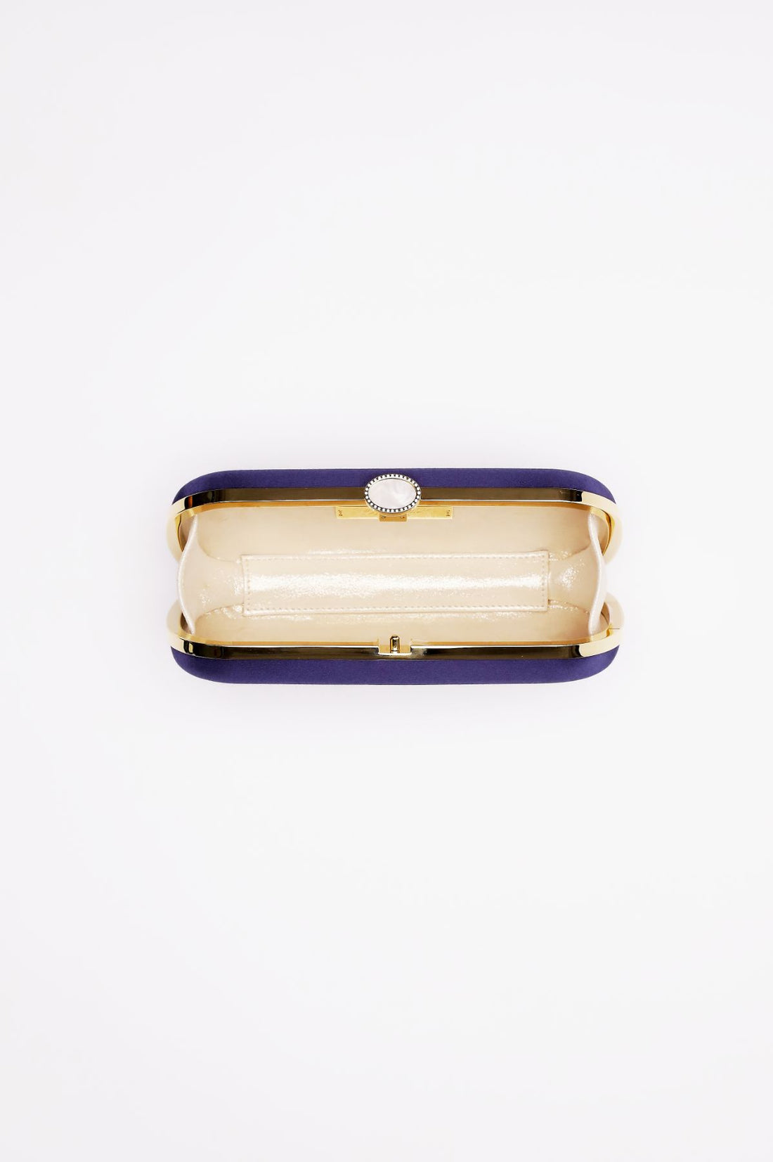 Top open view of Bella Clutch in Navy Blue satin with silver hardware frame.
