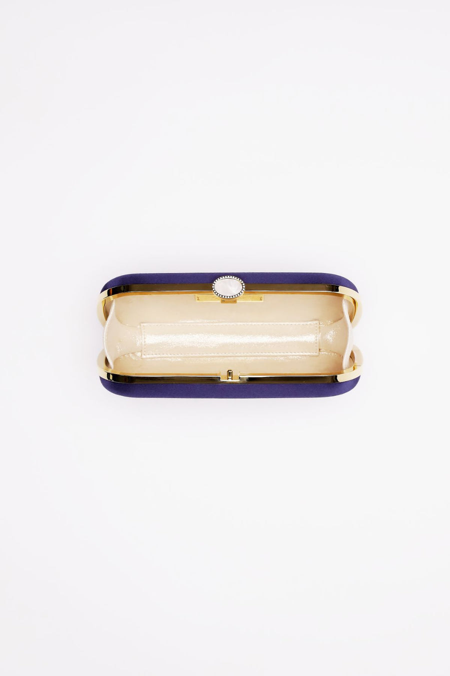 Top open view of Bella Clutch in Navy Blue satin with silver hardware frame.
