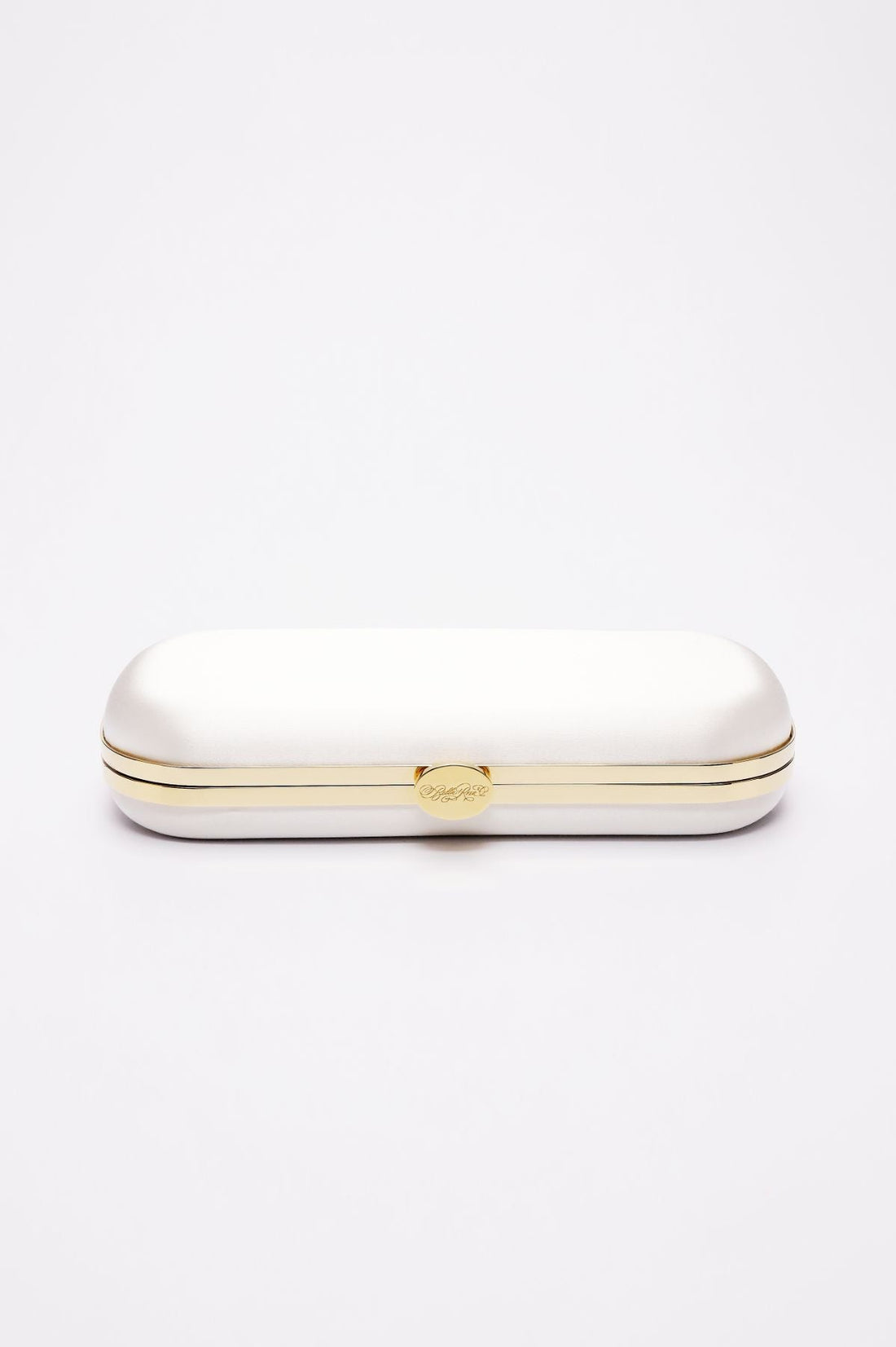 Top closed view of Bella Clutch in Ivory white satin with gold hardware frame.