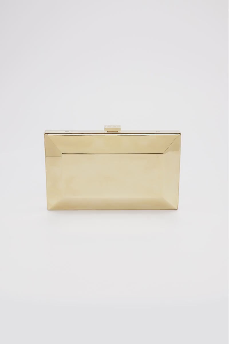 360 view of Milan clutch with a geometric beveled metal frame in reflective gold.