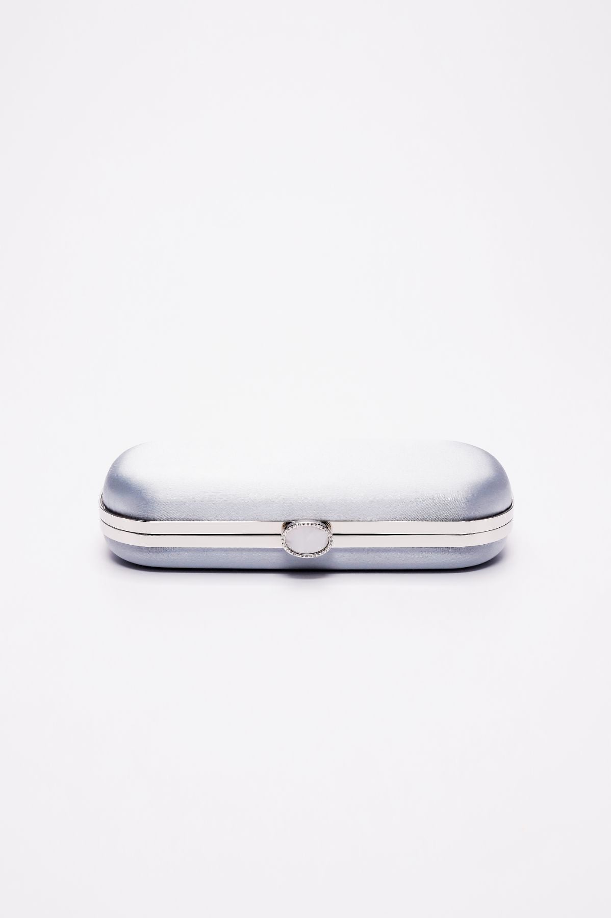 Bella Clutch Steel Blue Satin Grande eyeglass case from The Bella Rosa Collection on a white background.