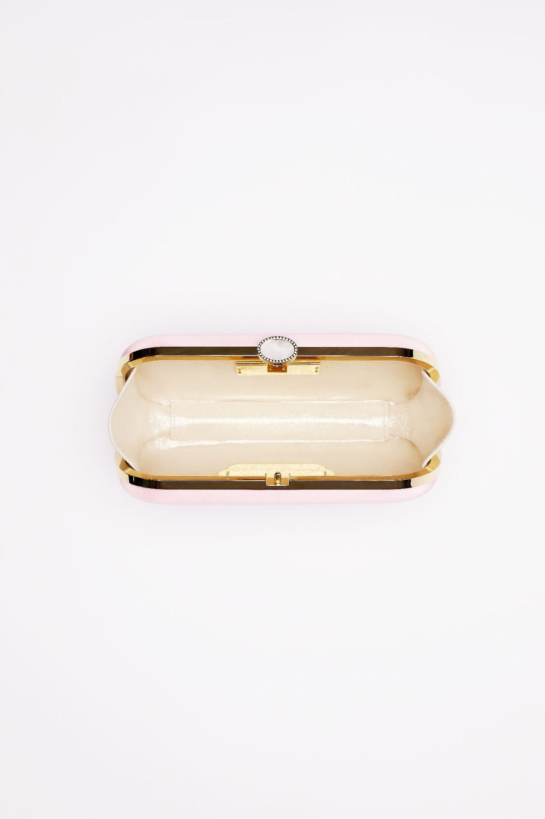 Top open view of Bella Clutch in Pink Sky satin with silver hardware frame.