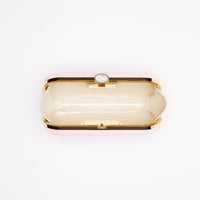 Top open view of Bella Clutch in Pink Sky satin with silver hardware frame.