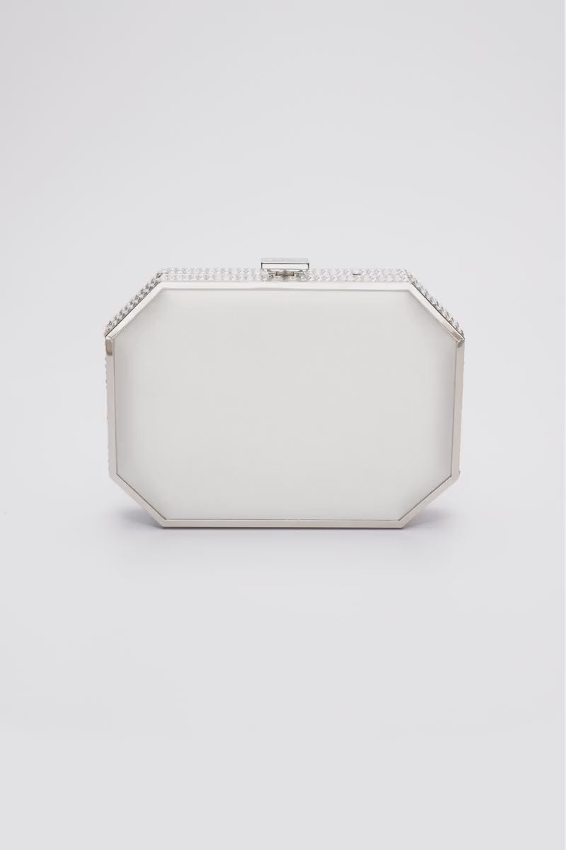 360 view of Como clutch in white satin with silver gemmed frame.