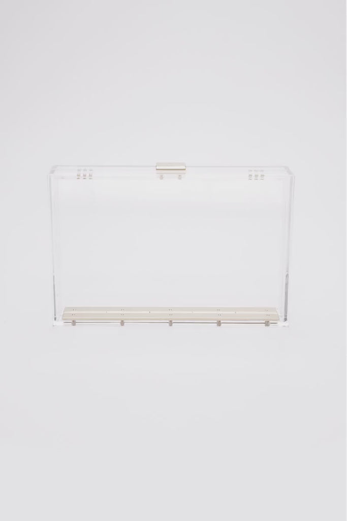 360 view of clear acrylic rectangle Mia Clutch exterior.