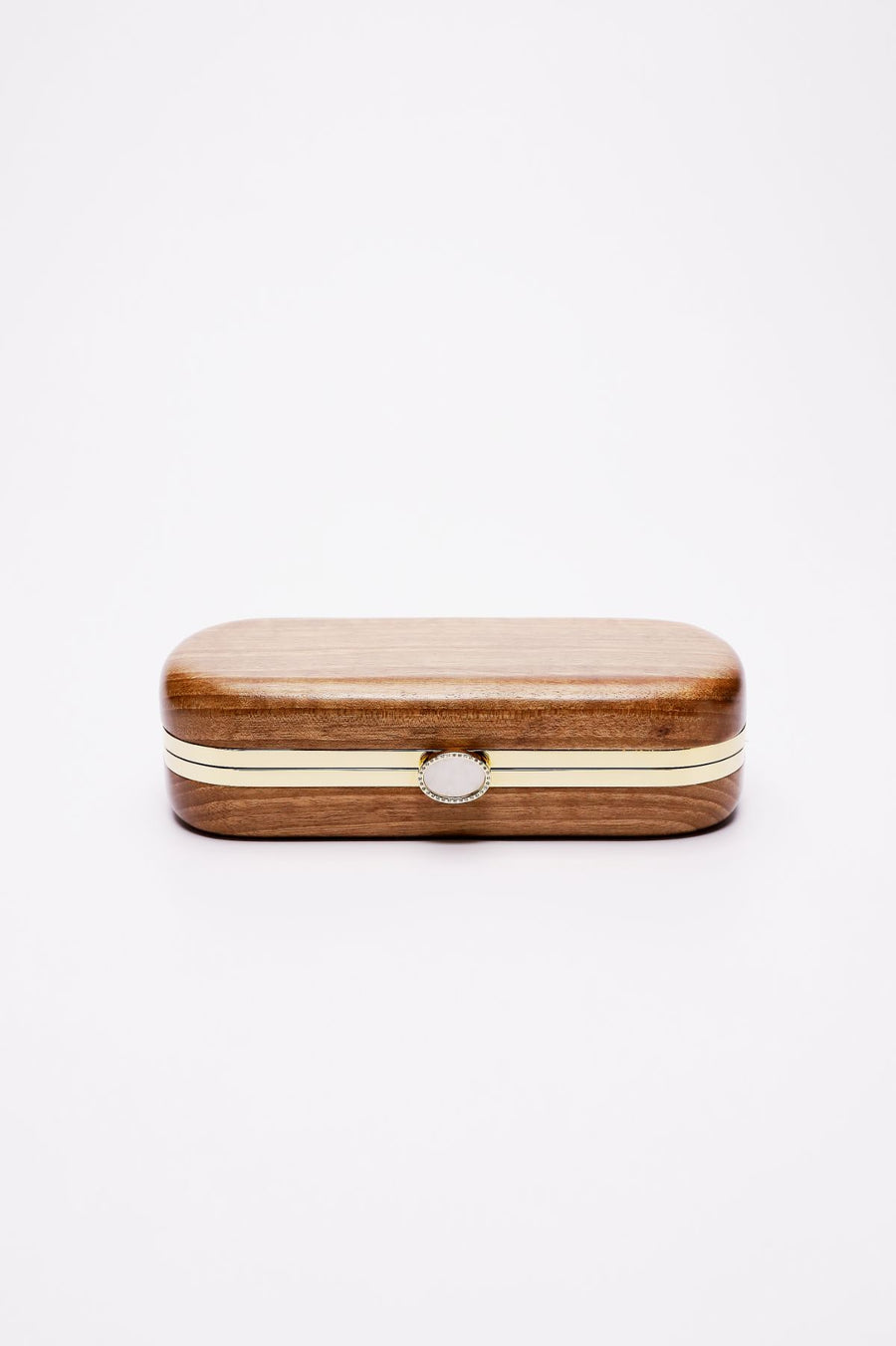 Top closed view of Bella Clutch in solid Walnut Wood body with gold hardware frame.