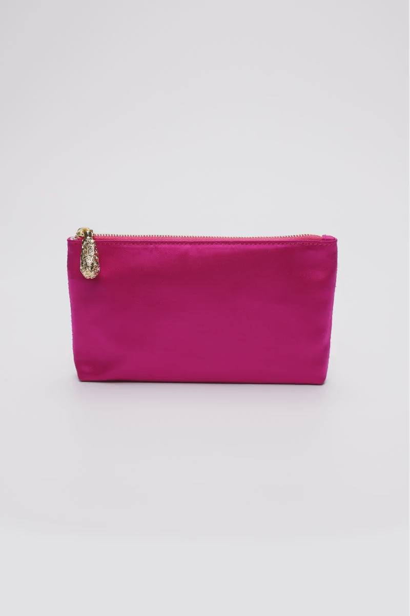 360 view of Hot pink satin pouch.