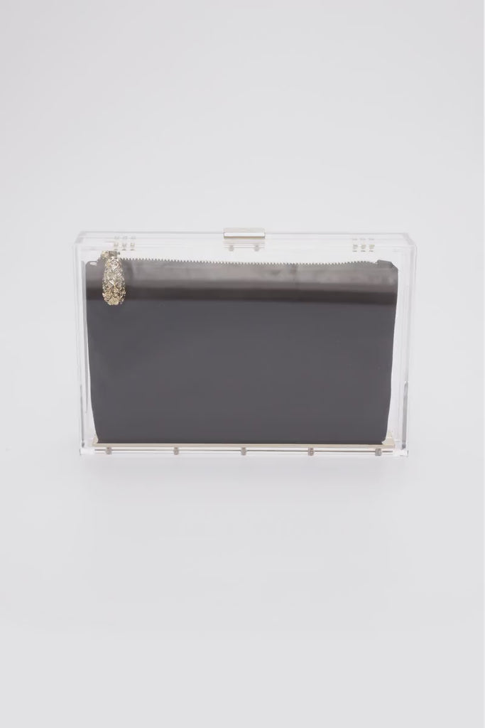 360 view of the clear acrylic Mia body with black satin interior pouch.