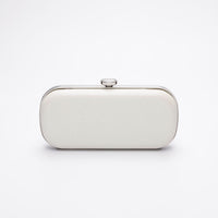 Bella Clutch in a shimmer white glitter body with a silver frame.