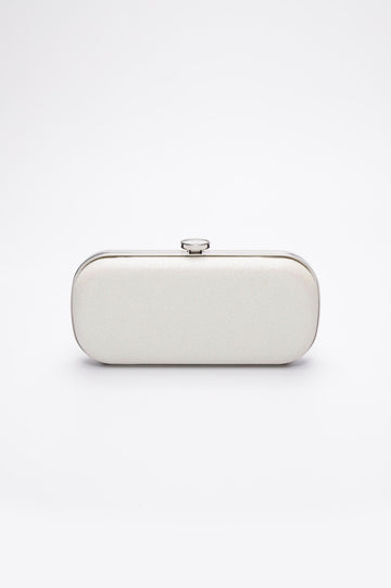 Bella Clutch in a shimmer white glitter body with a silver frame.