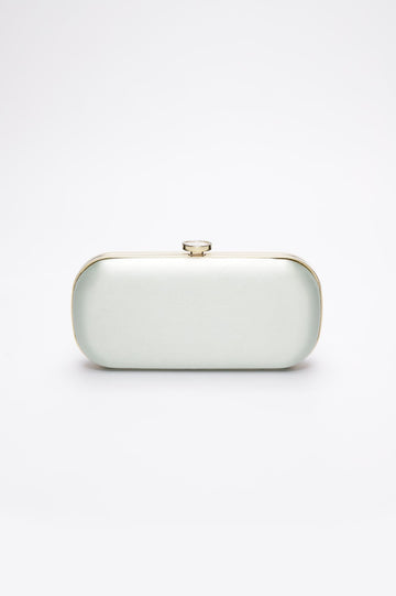 Sage green satin Bella Clutch front view with gold hardware.