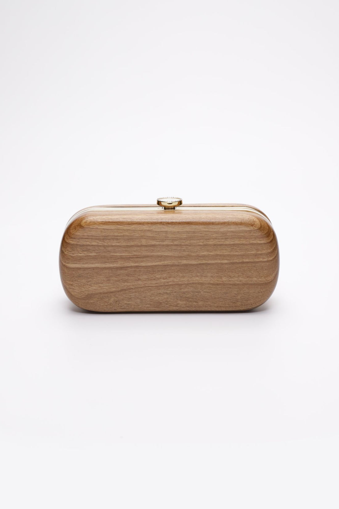 Bella Clutch with gold hardware frame in a solid Walnut Wood body.