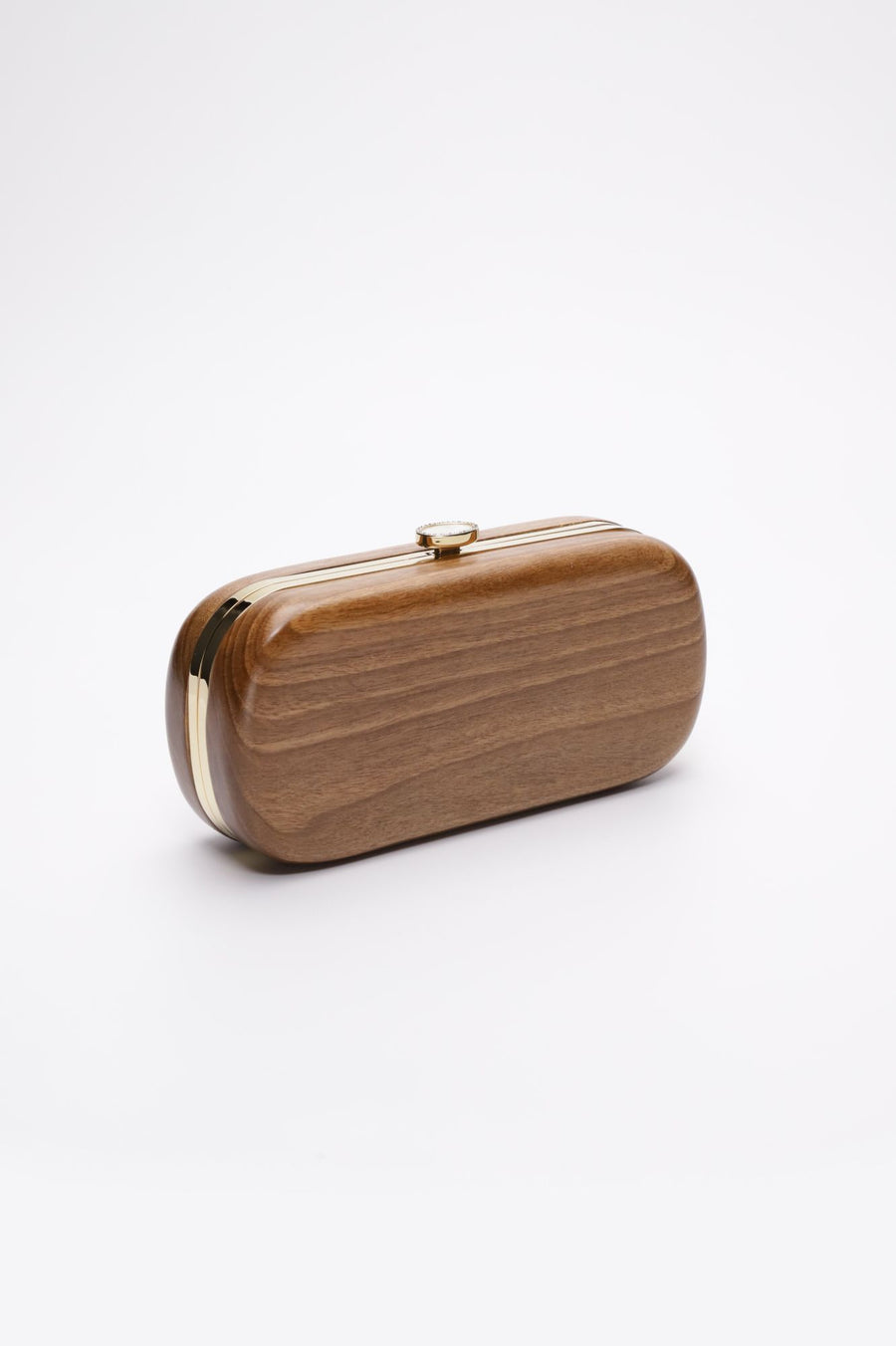 Bella Clutch with gold hardware frame in a solid Walnut Wood body.