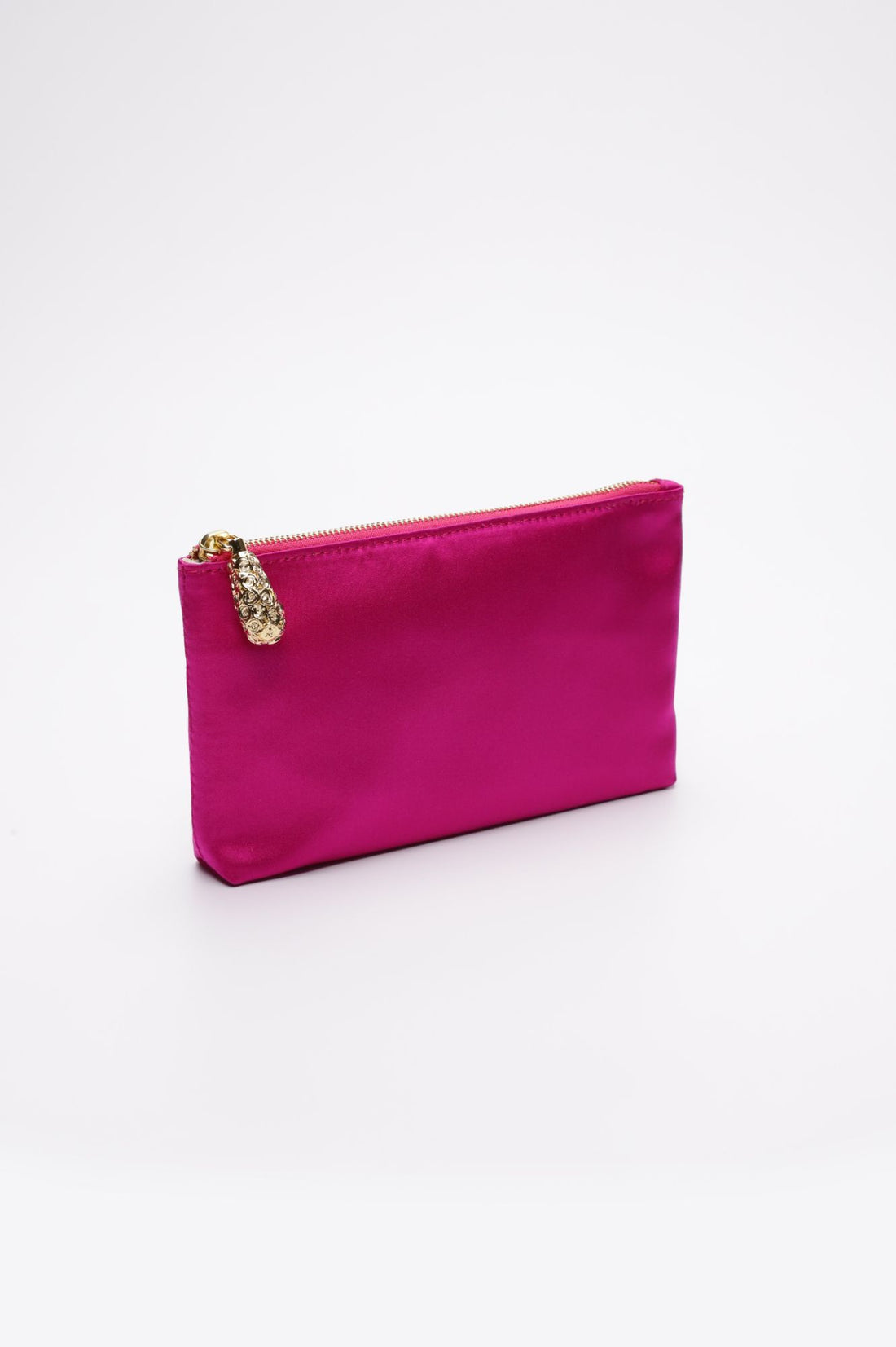 Side angle view of Hot pink satin pouch.
