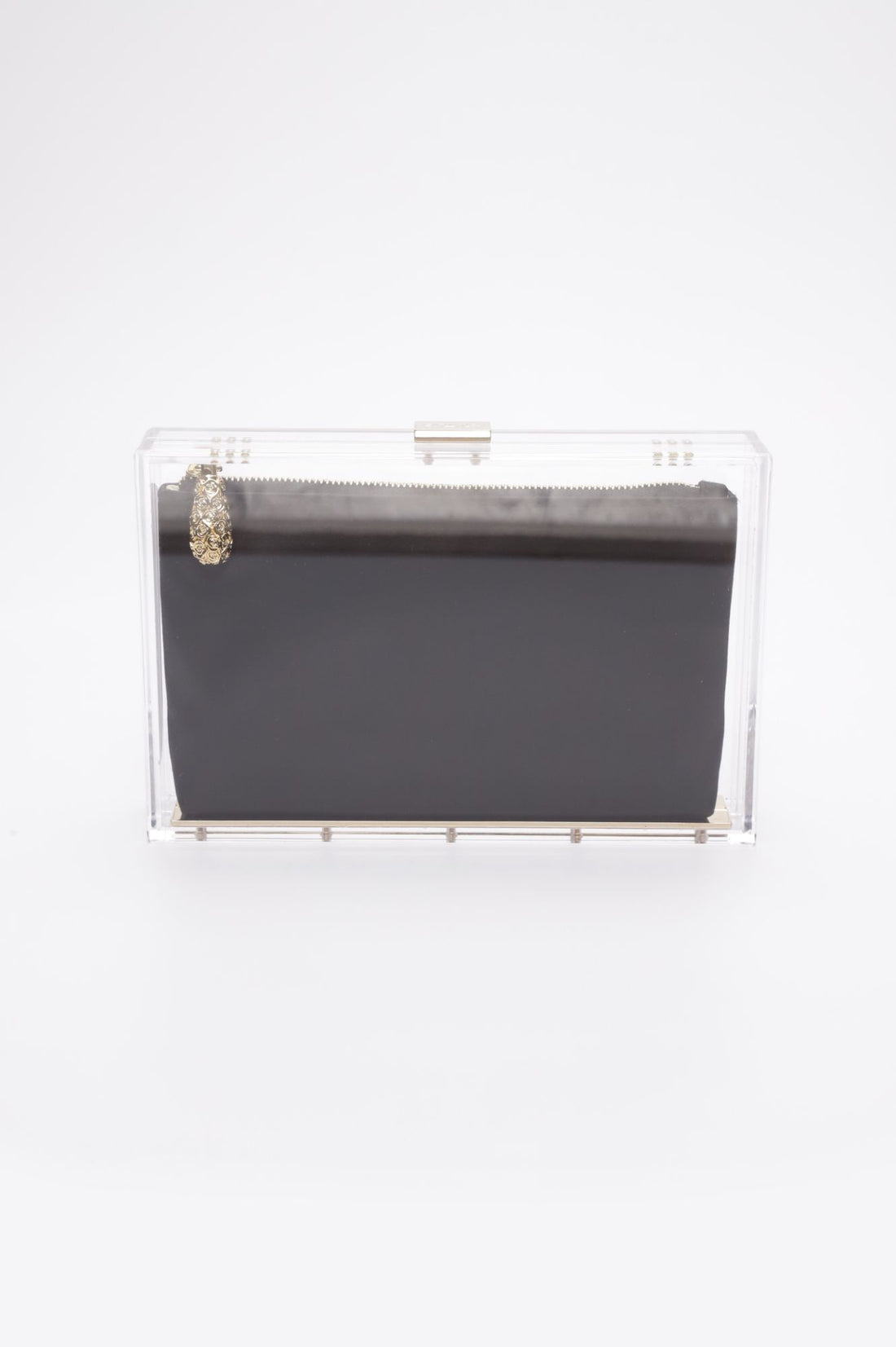Mia Clutch with a clear acrylic rectangle body with a black satin interior pouch/