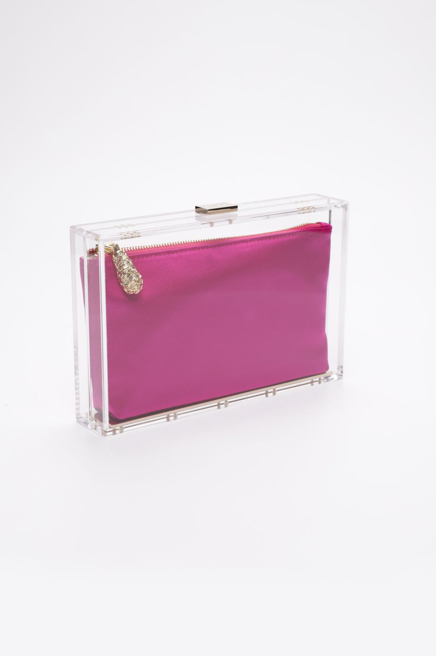Side angle of the Mia Clutch with clear acrylic rectangle body with a hot pink satin interior pouch.