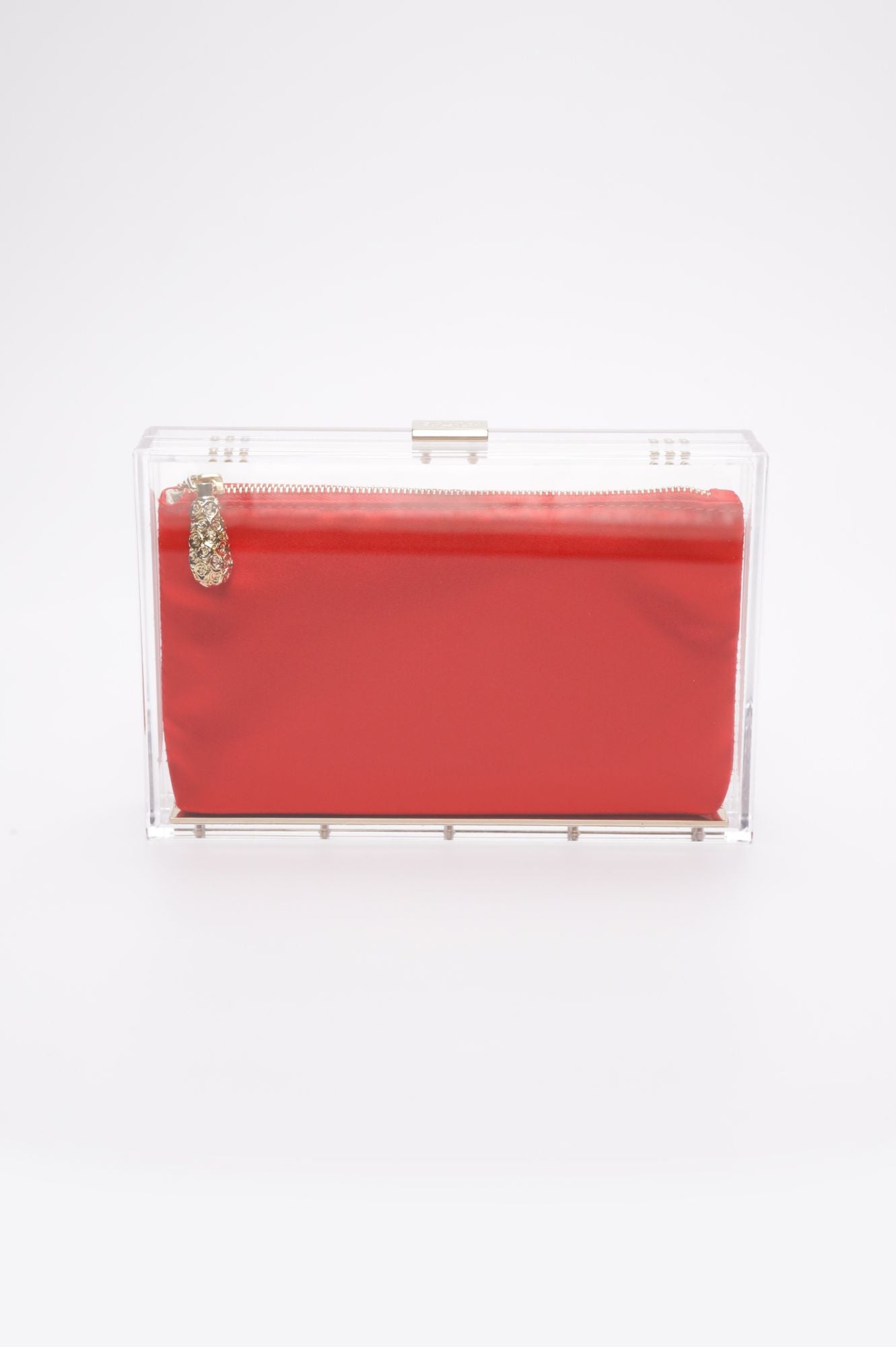 The Bella Rosa Collection&#39;s Mia Clutch Clear Acrylic with Red Satin Zipper Pouch is available as a sample sale item.