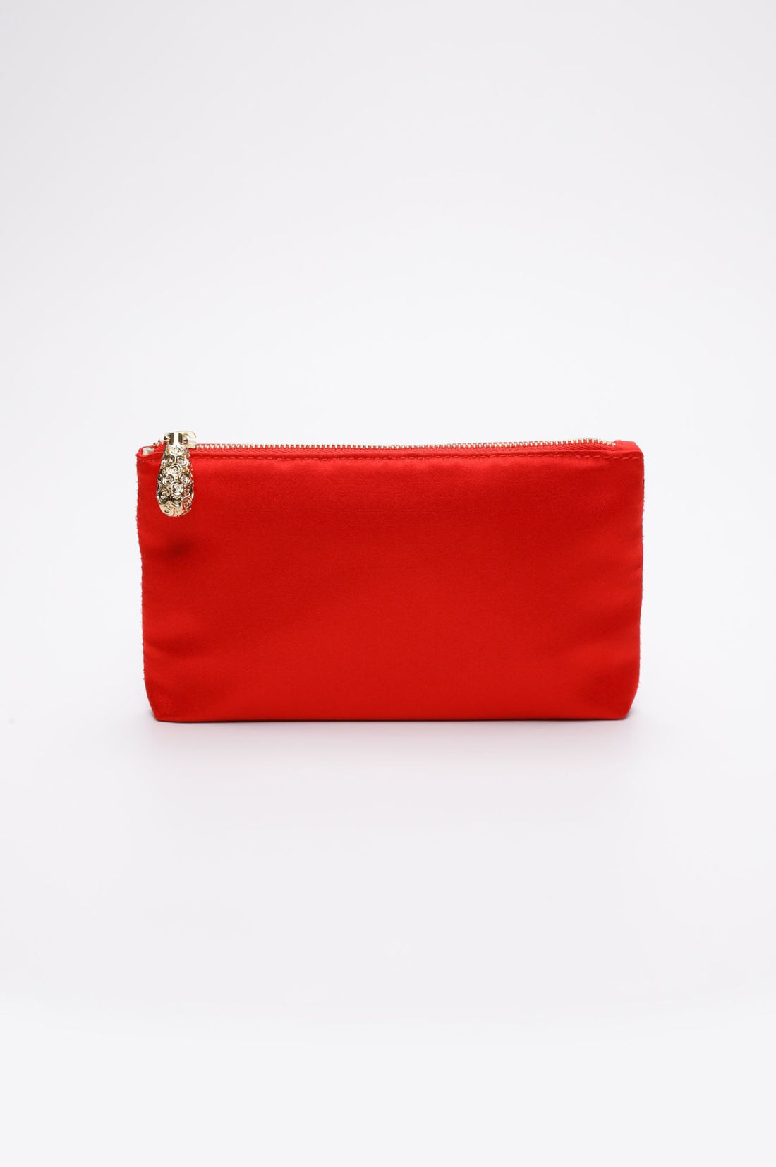 Red satin pouch with gold zipper.