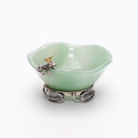 Aventurine Green Quartz Engagement Ring Dish from Bella Rosa with silver feet and small silver frog.