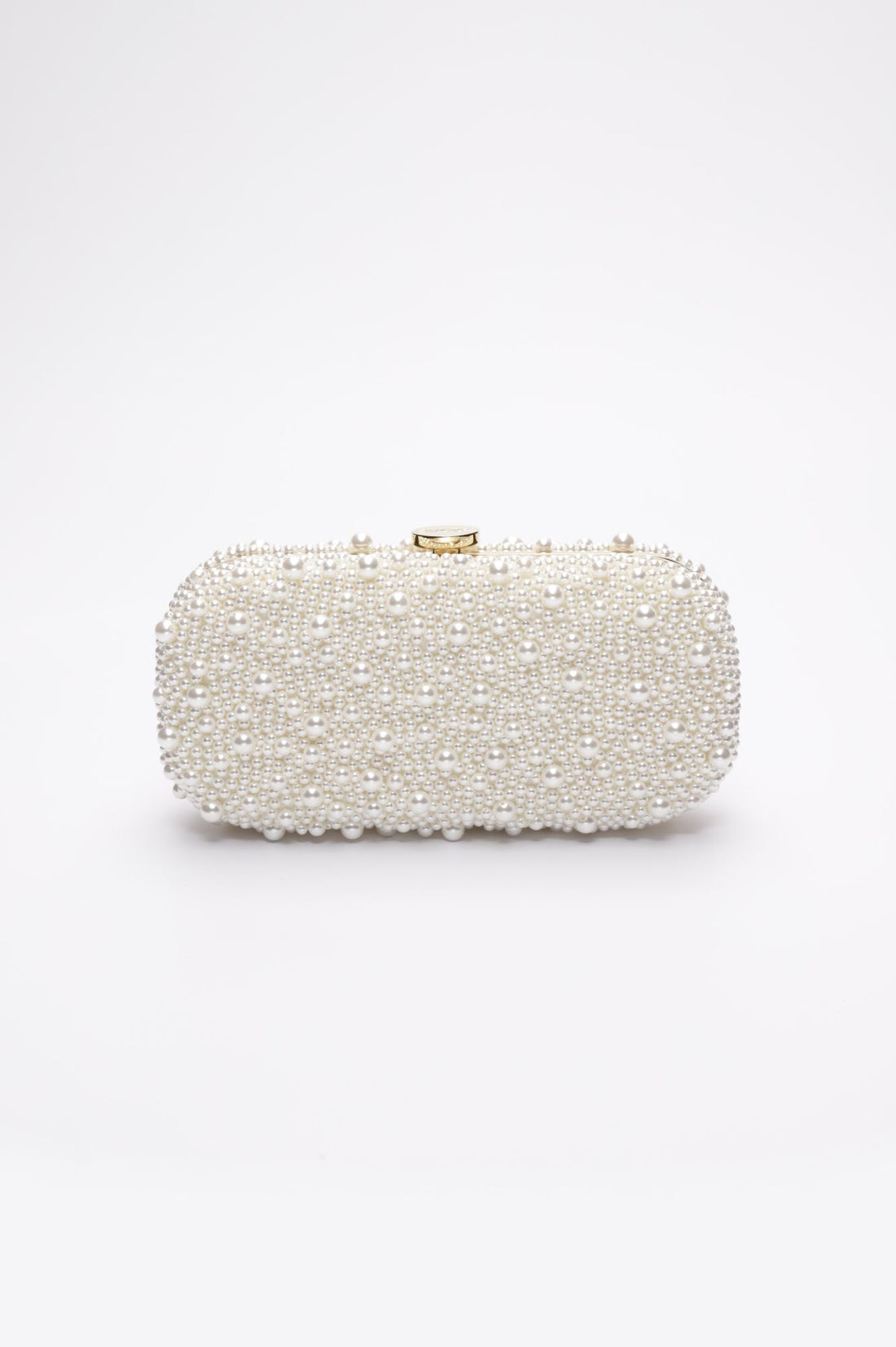 True Love Pearl Clutch with hand-sewn pearls with a gold hardware frame.