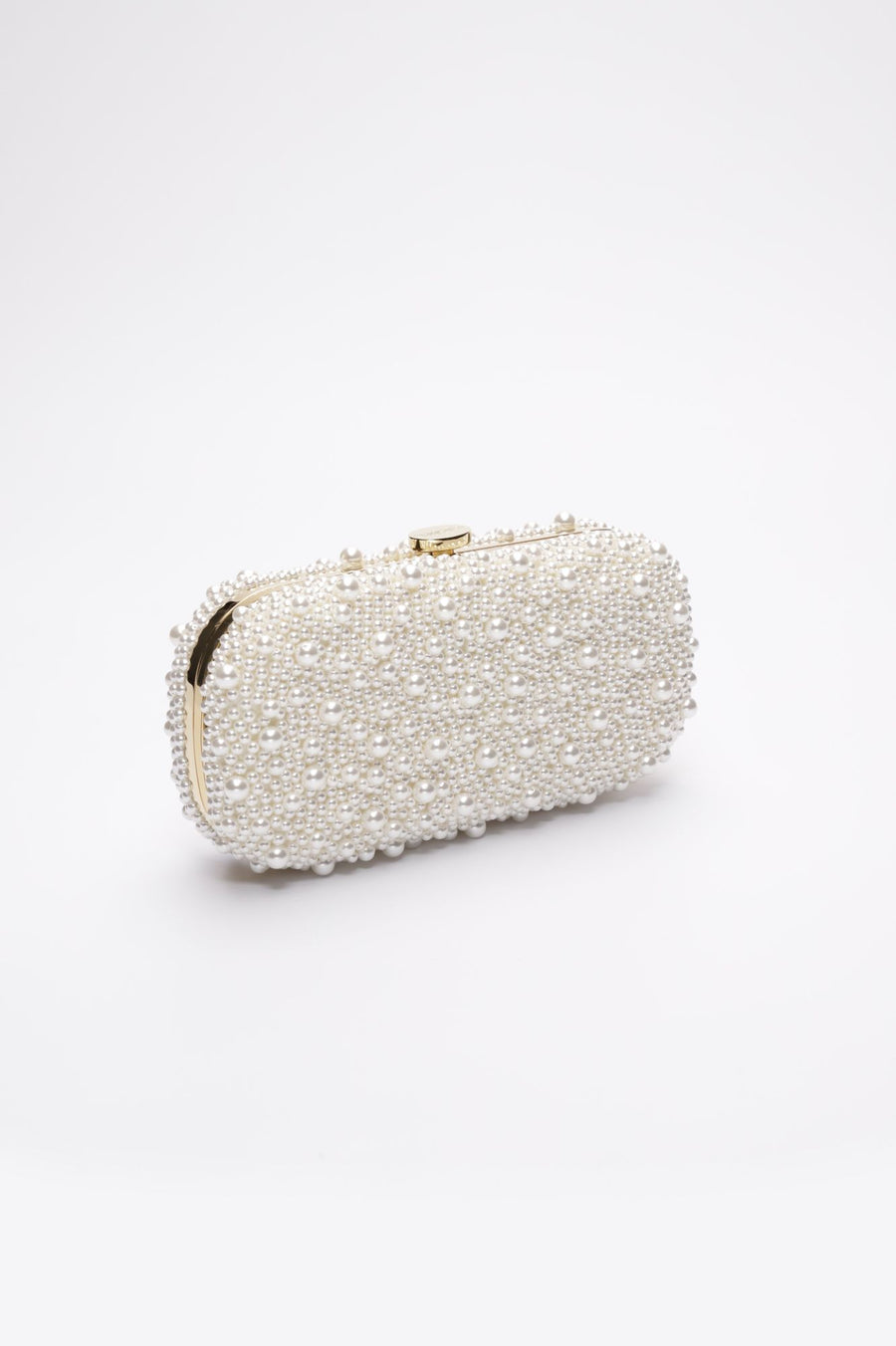 True Love Pearl Clutch with hand-sewn pearls with a gold hardware frame.