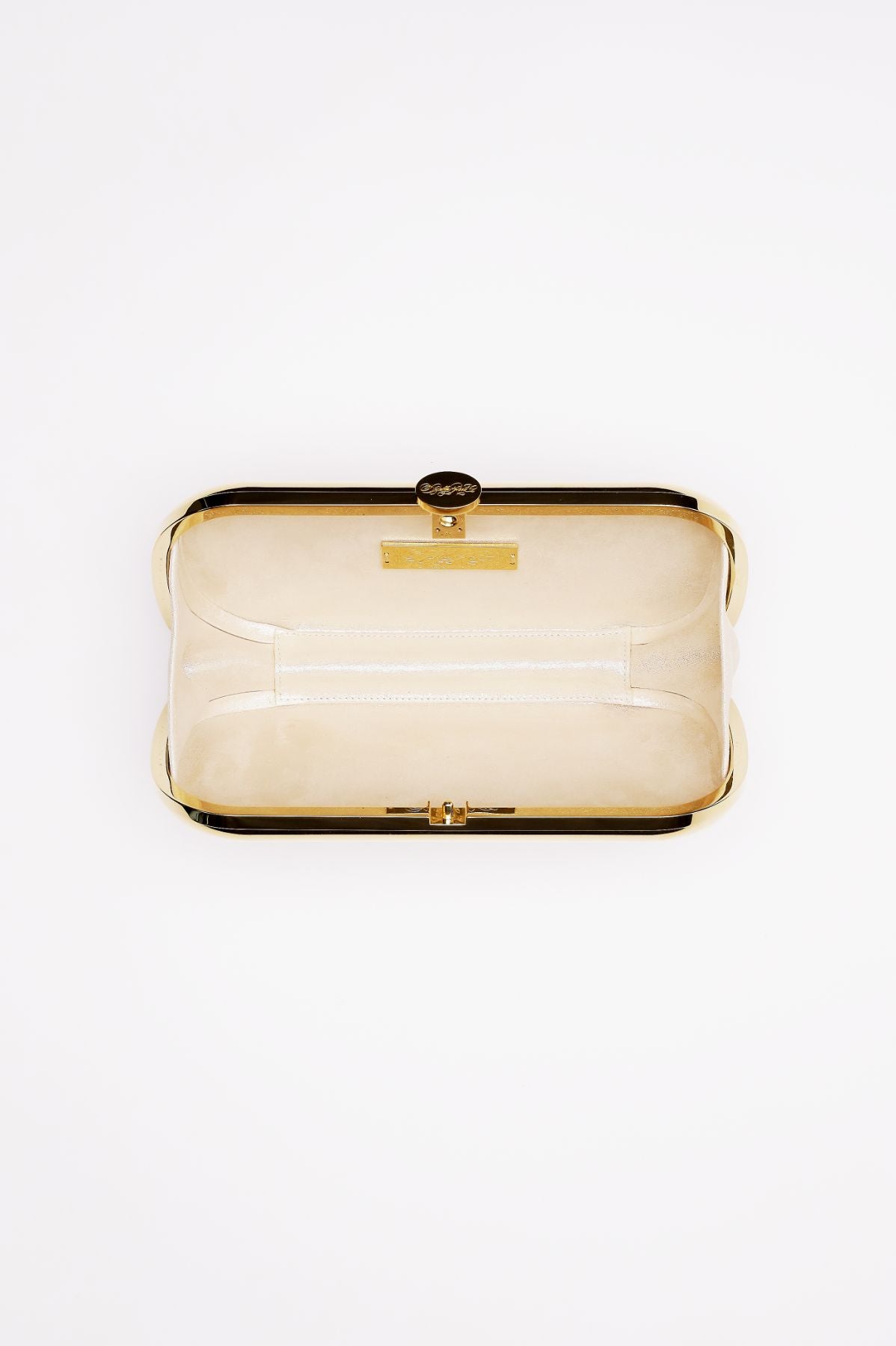 A Bella Clutch Golden Petite by The Bella Rosa Collection with a metallic clasp on a white background.