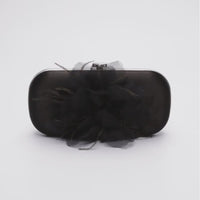 360 view of Bella Fiori Clutch in black satin with black flower adored on front side.