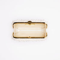 Top open view of True Love Pearl Bella Clutch satin with gold hardware frame.