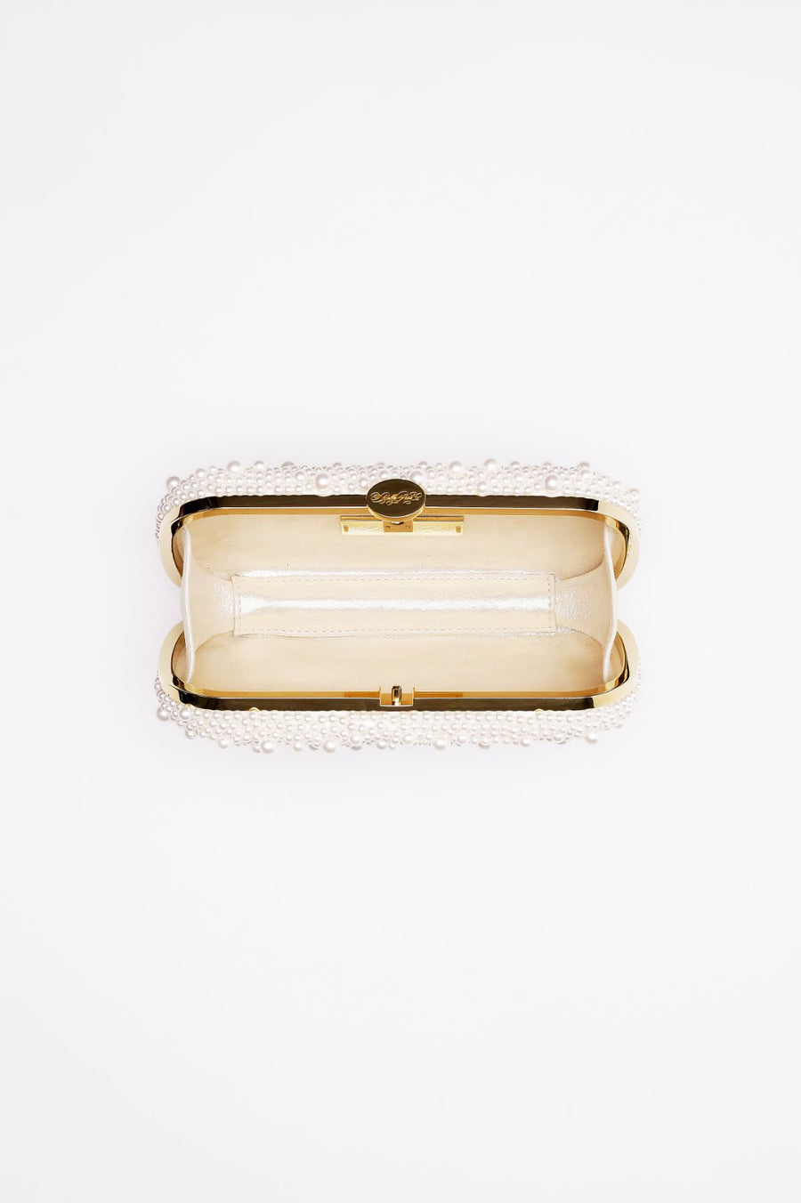 Top open view of True Love Pearl Bella Clutch satin with gold hardware frame.