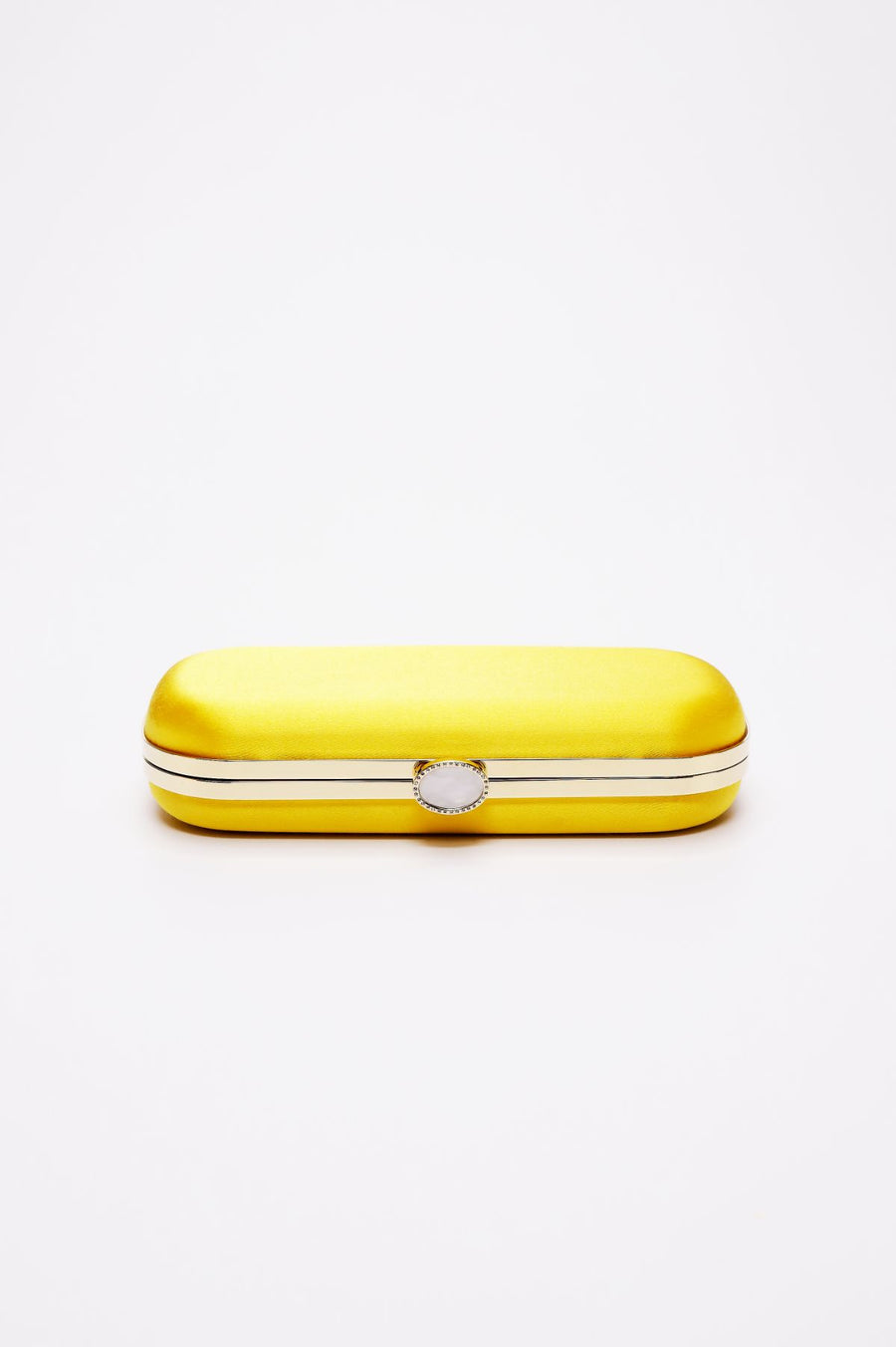 Top closed view of Bella Clutch in Limoncello yellow satin with gold hardware frame.