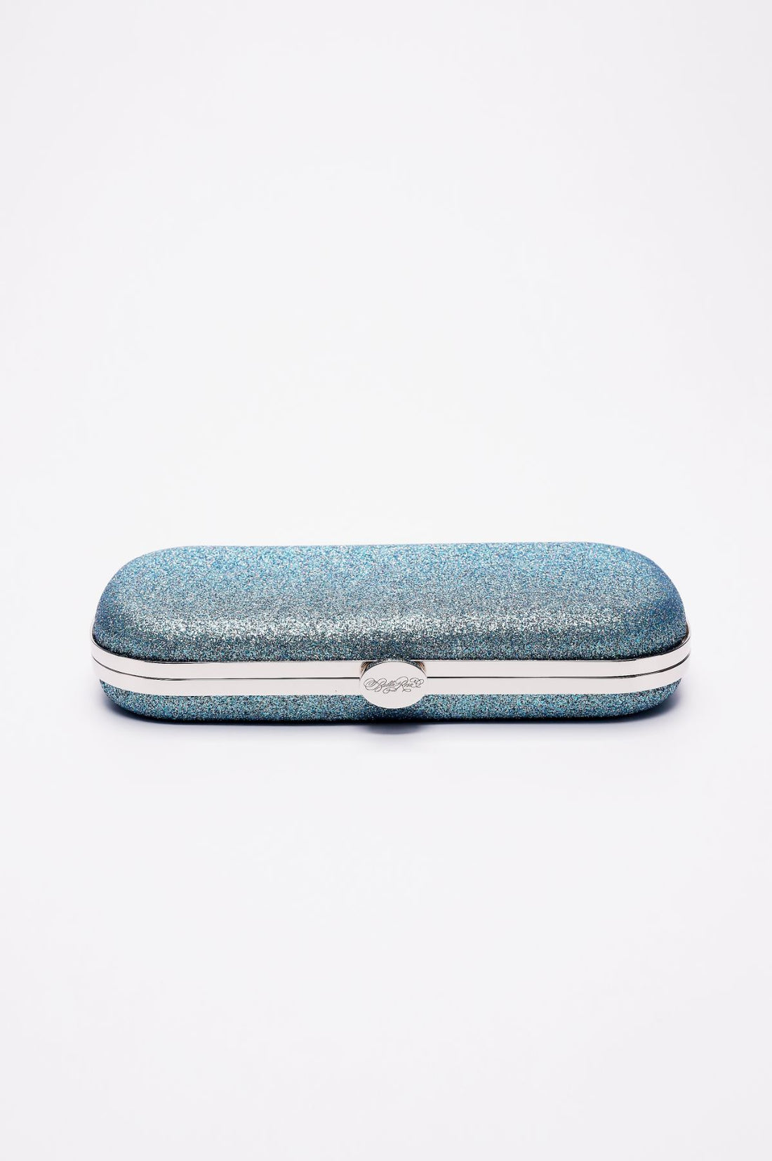Top closed view of Shimmer Bella Clutch in Ocean Blue with silver clasp.