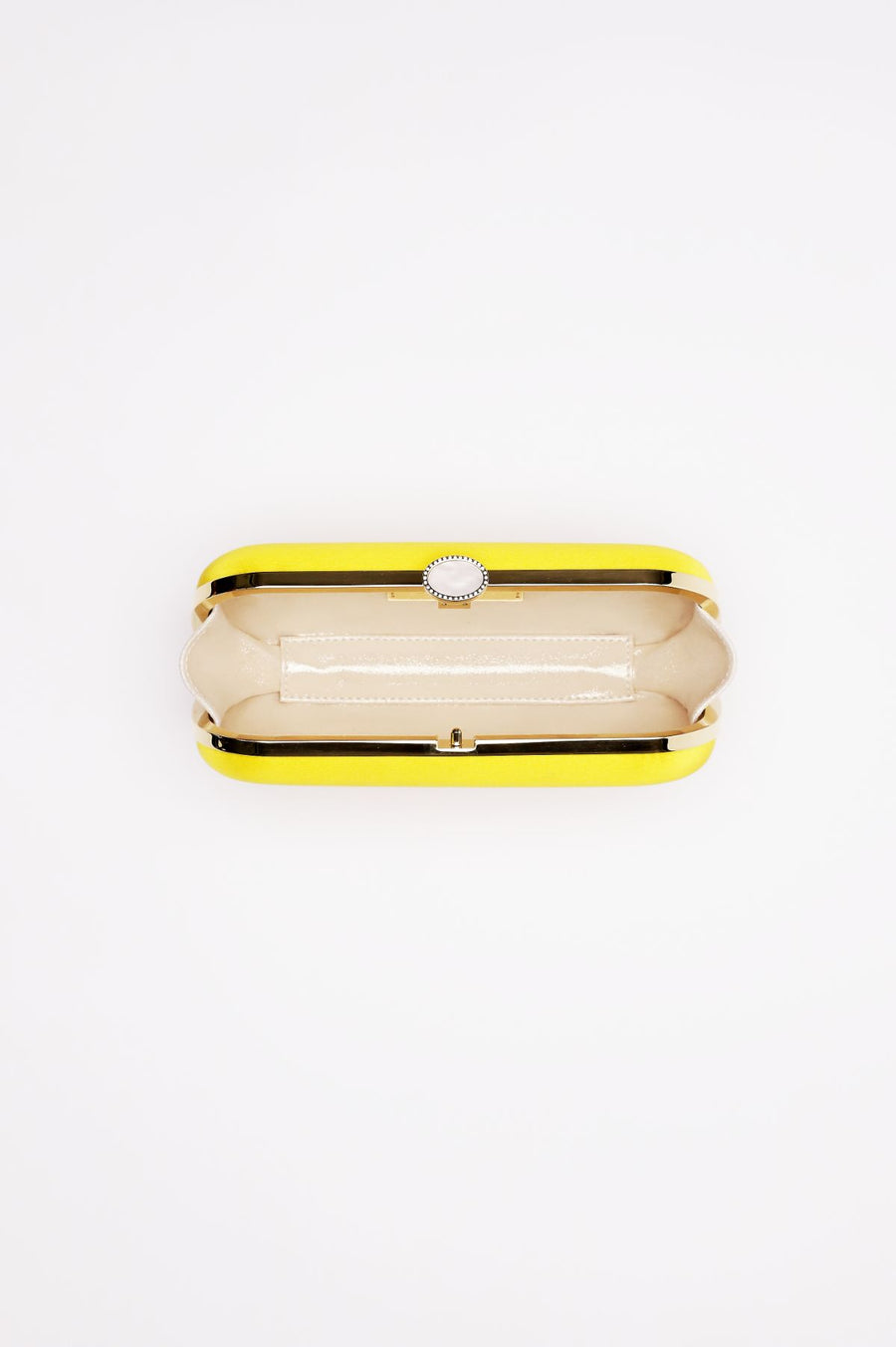 Top open view of Bella Clutch in Limoncello yellow satin with gold hardware frame.