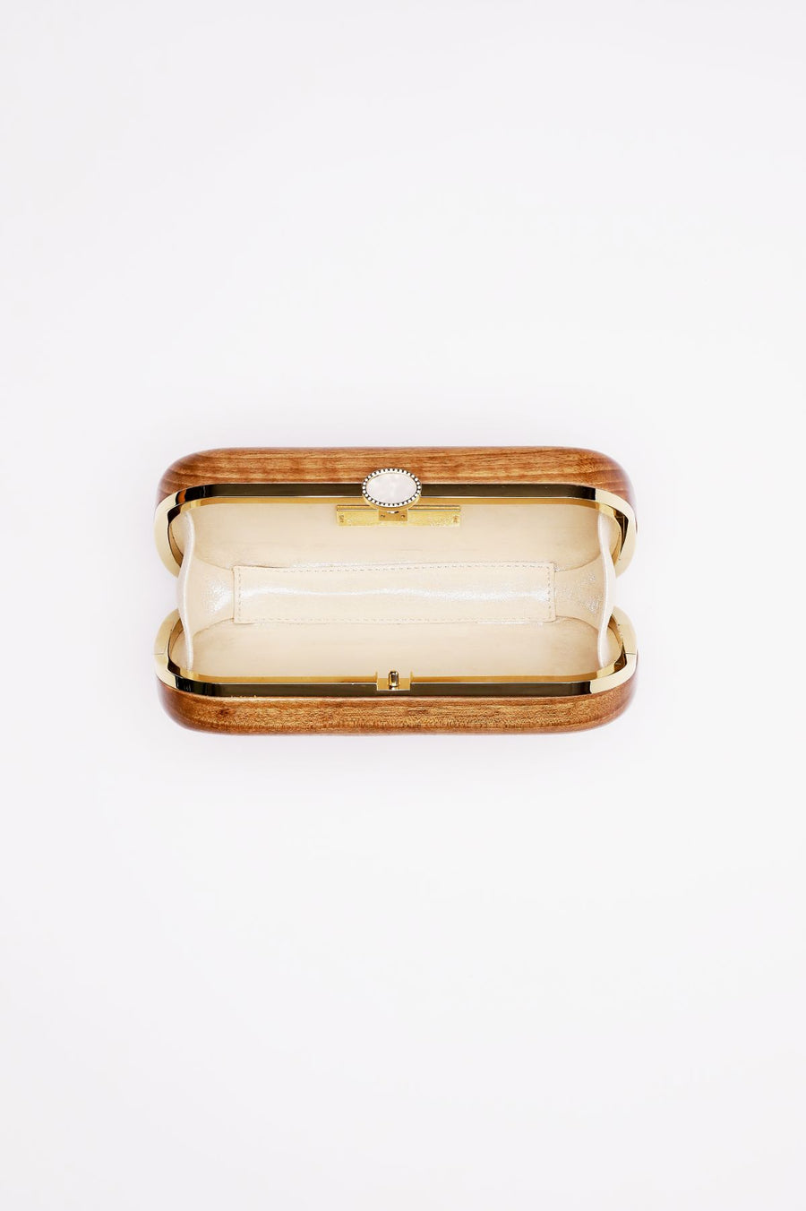 Top open view of Bella Clutch in solid Walnut Wood body with gold hardware frame.
