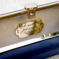 A customized Bridesmaid Proposal Box with Engraved Bella 'Be My Bridesmaid' Clutch Bag Gift from The Bella Rosa Collection in blue and gold.