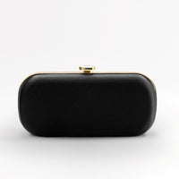 Front view of bridal and evening Bella Clutch in black with gold hardware accents and stimulated mother of pearl clasp.