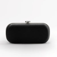 Front view of bridal and evening Bella Clutch in black with silver hardware accents and stimulated mother of pearl clasp.