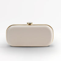 Front view of satin Bella Clutch in champagne satin with gold hardware.