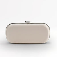 Front view of satin Bella Clutch in champagne satin with silver hardware.