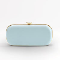 Front view of bridal Bella Clutch in light iced blue with gold hardware accents and stimulated mother of pearl clasp.