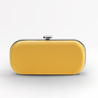 Front view of bridal Bella Clutch in limoncello yellow with silver hardware accents and stimulated mother of pearl clasp.