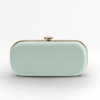 Front view of satin Bella Clutch in sage green satin with gold hardware.