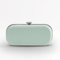 Front view of satin Bella Clutch in sage green satin with silver hardware.