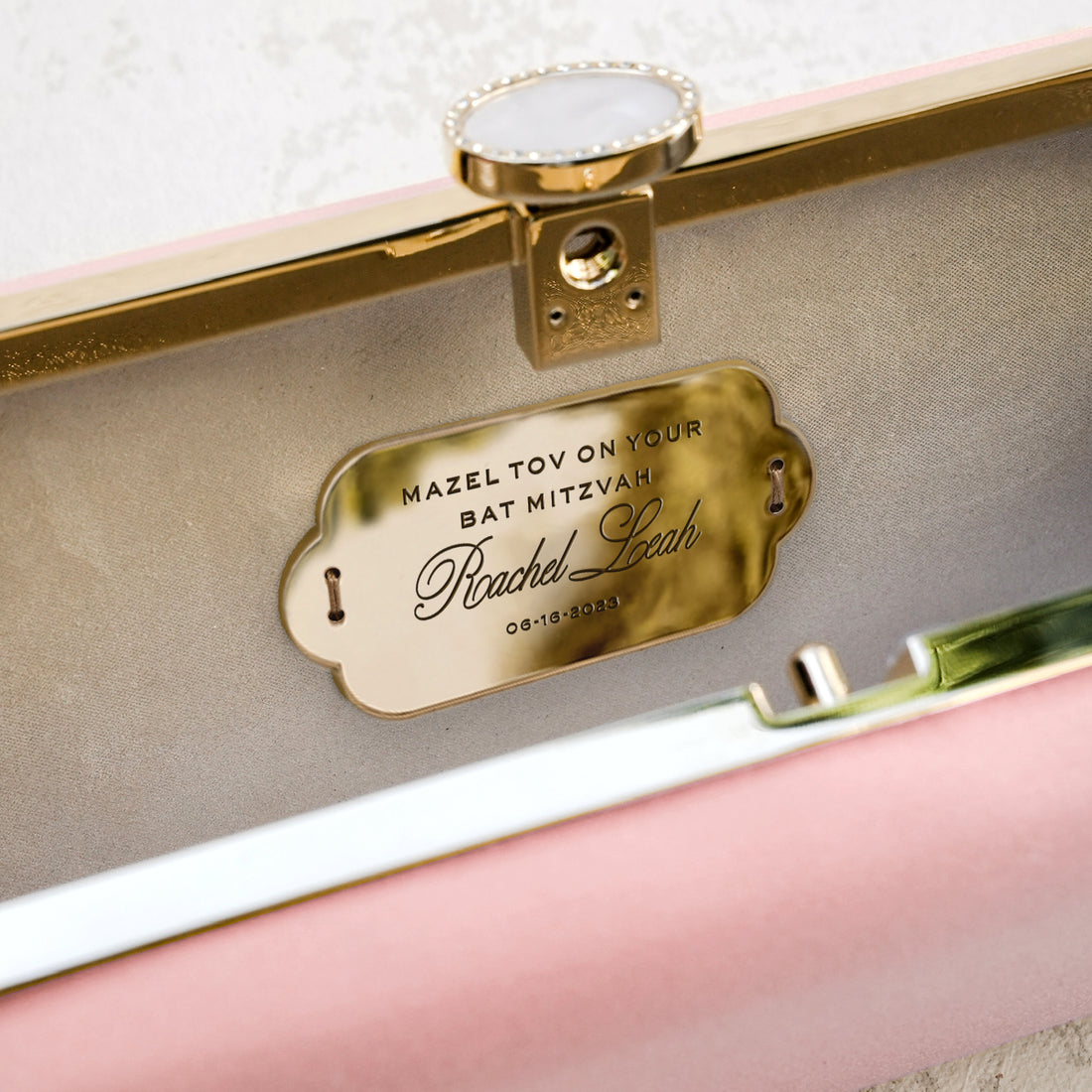 A Bat Mitzvah Personalized Bella Clutch Petite from The Bella Rosa Collection, perfect for a Bat Mitzvah gift.