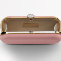 The Bat Mitzvah Personalized Bella Clutch Petite, from The Bella Rosa Collection, is a stunning pink clutch bag with a gold clasp.