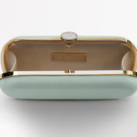 The Bat Mitzvah Personalized Bella Clutch Petite from The Bella Rosa Collection, in a refreshing mint green shade, featuring a luxurious gold clasp, makes for an exquisite personalized gift for a Bat Mitzvah.