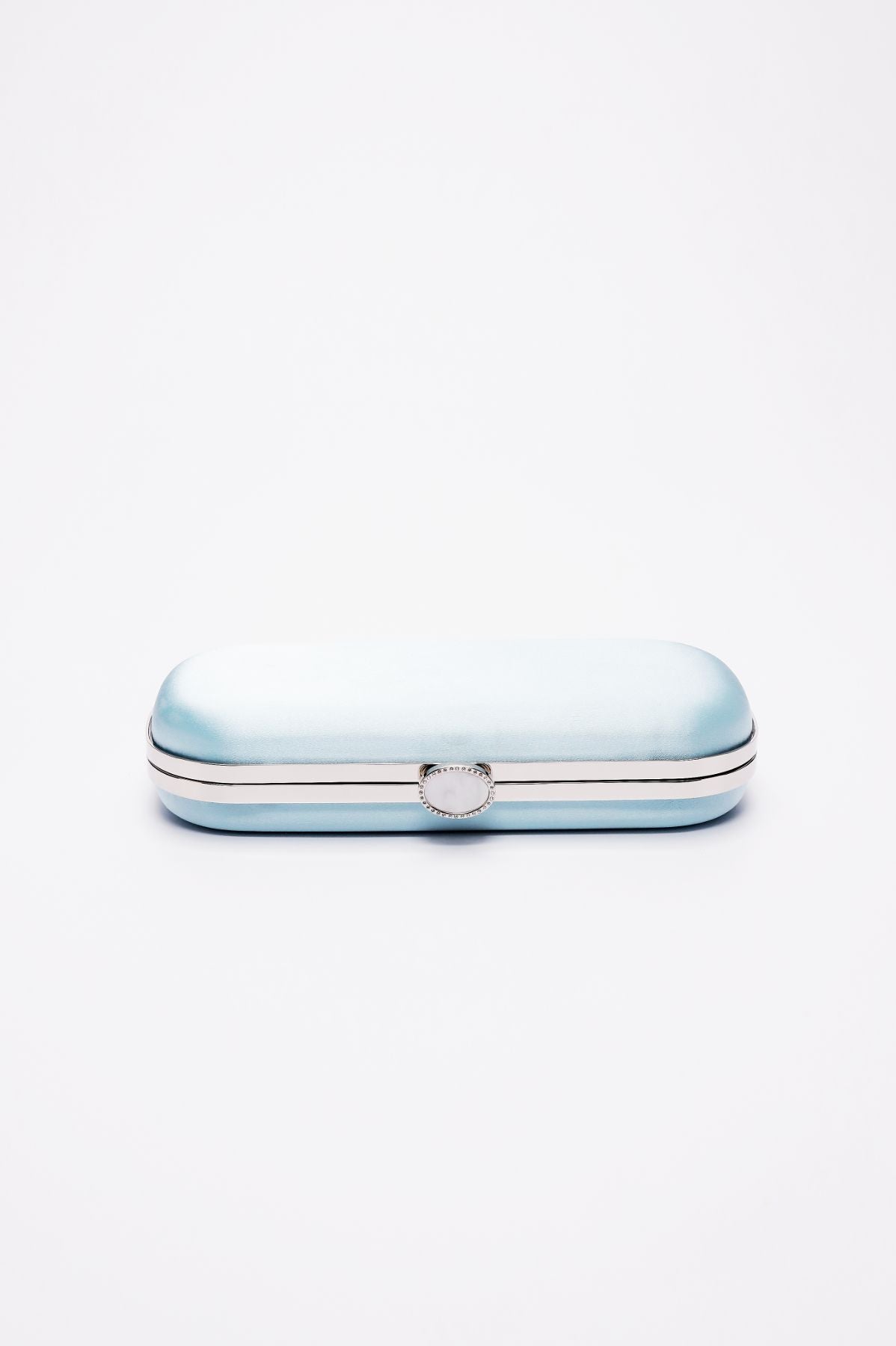A light blue The Bella Rosa Collection eyeglass case with a Bella Clutch Cinderella Blue Petite design closed and centered against a white background.